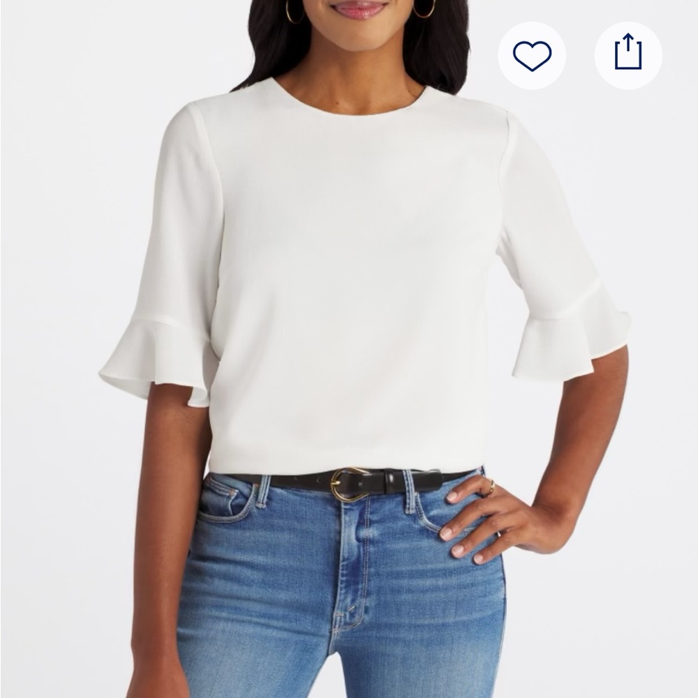 Cece Sportswear Short Sleeve Ruffle Cuff Crew Neck Blouse in White Size XL